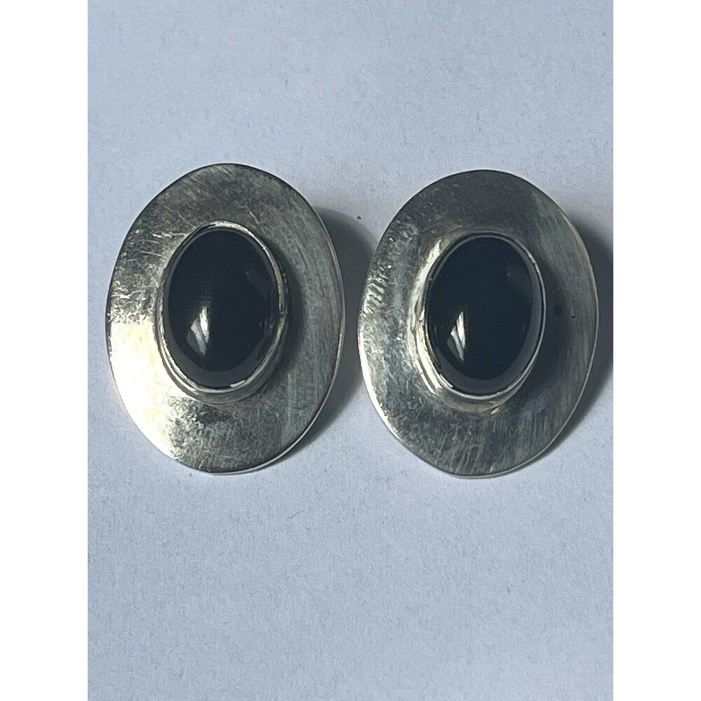 Vintage Silver Tone Black Cabochon Oval Stud Earrings Minimalist Modernist